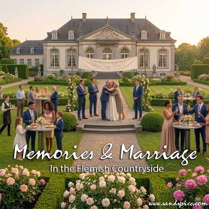 A wide panoramic view of a smart destination wedding reception held in the lush green gardens of Salons Norfolk in St Truiden, Belgium, featuring guests in formal attire standing around high tables.