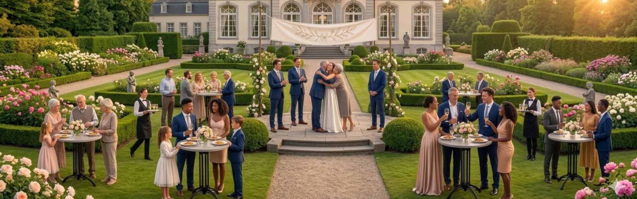 A wide panoramic view of a smart destination wedding reception held in the lush green gardens of Salons Norfolk in St Truiden, Belgium, featuring guests in formal attire standing around high tables.