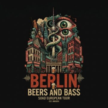 Surreal graphic illustration of Berlin city landmarks, including the TV Tower and Brandenburg Gate, stylized with concert imagery for the 2026 SOAD European Tour, titled "Berlin, Beers and Bass."